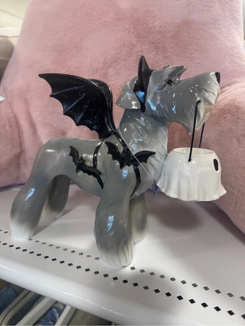 Halloween Schnauzer Dog Holding Ghost Bucket in Bat Custom Decor Figure